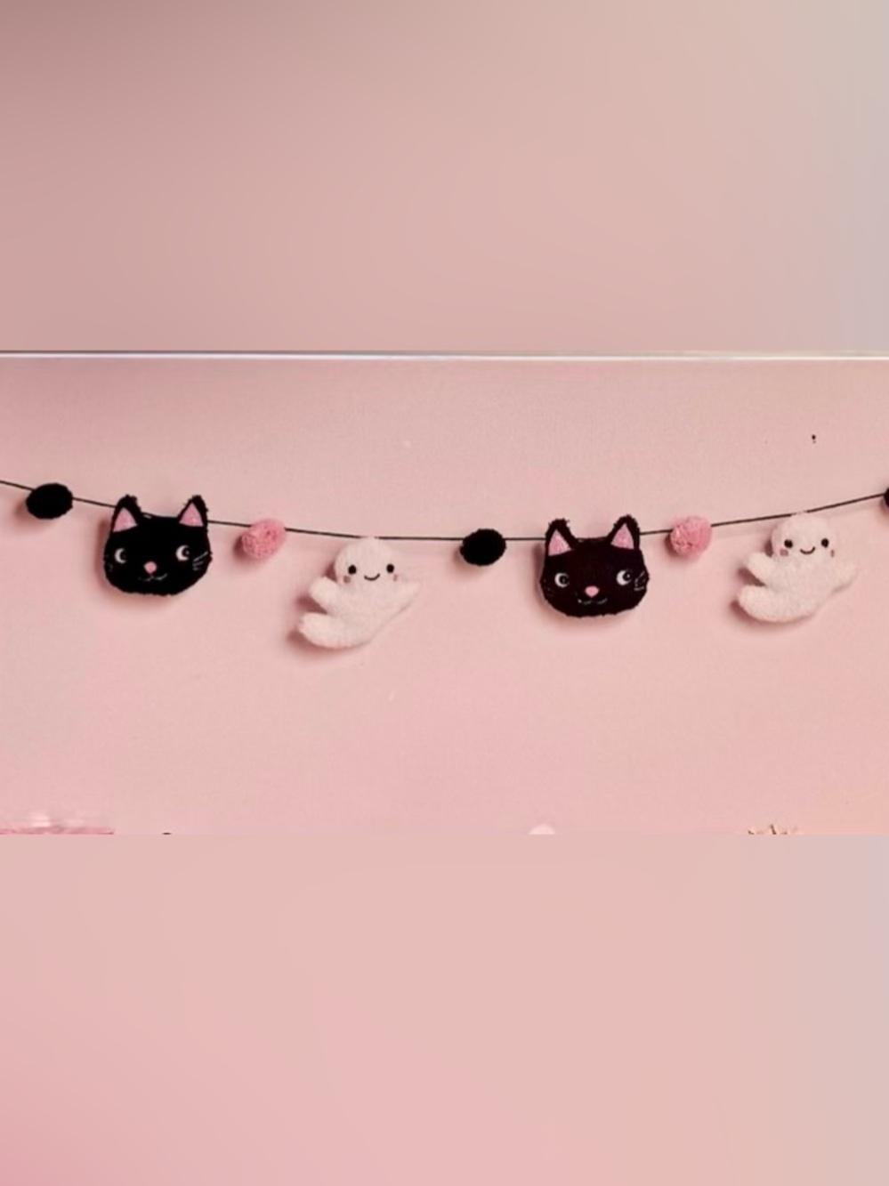 Pink Halloween Garland Booville Plush Ghosts Black Kitty Cats Pom Pom 6 ft long